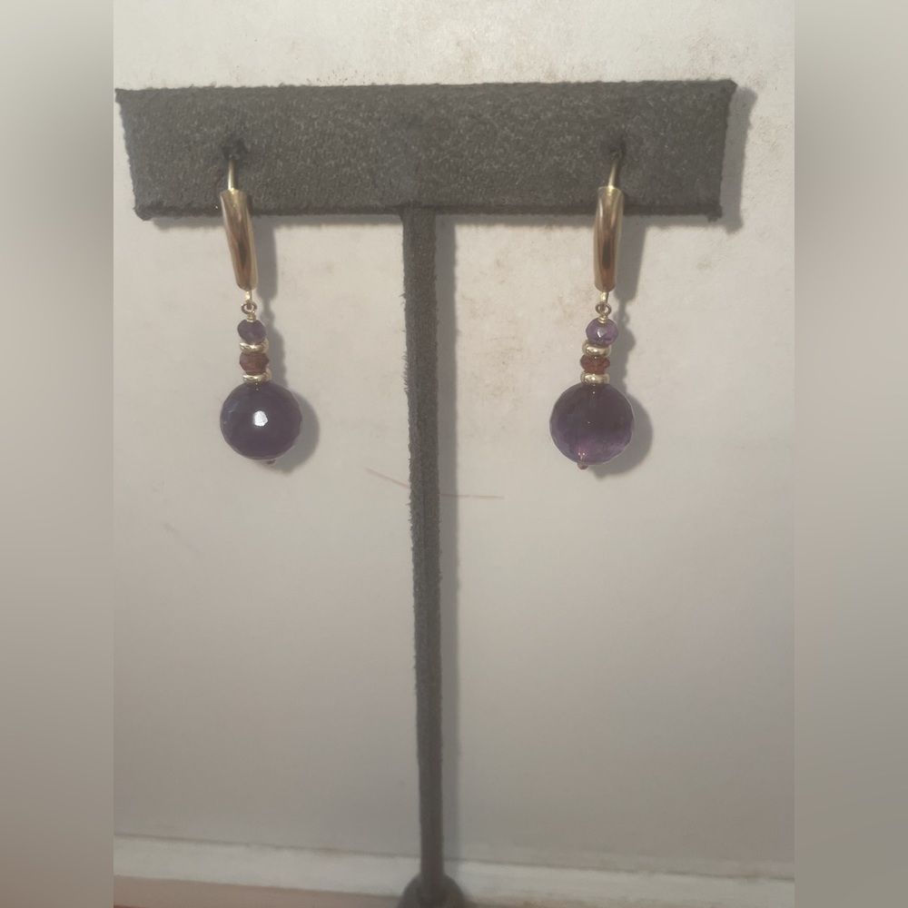 14k Gold  Amethyst & Garnet Pierced Earrings - Picture 2 of 7
